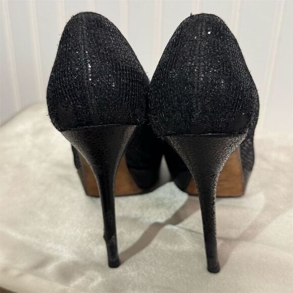 Jimmy Choo Black Glitter Peep Toe Platform Pumps Size 7 US Heels Made in Italy - Picture 5 of 15